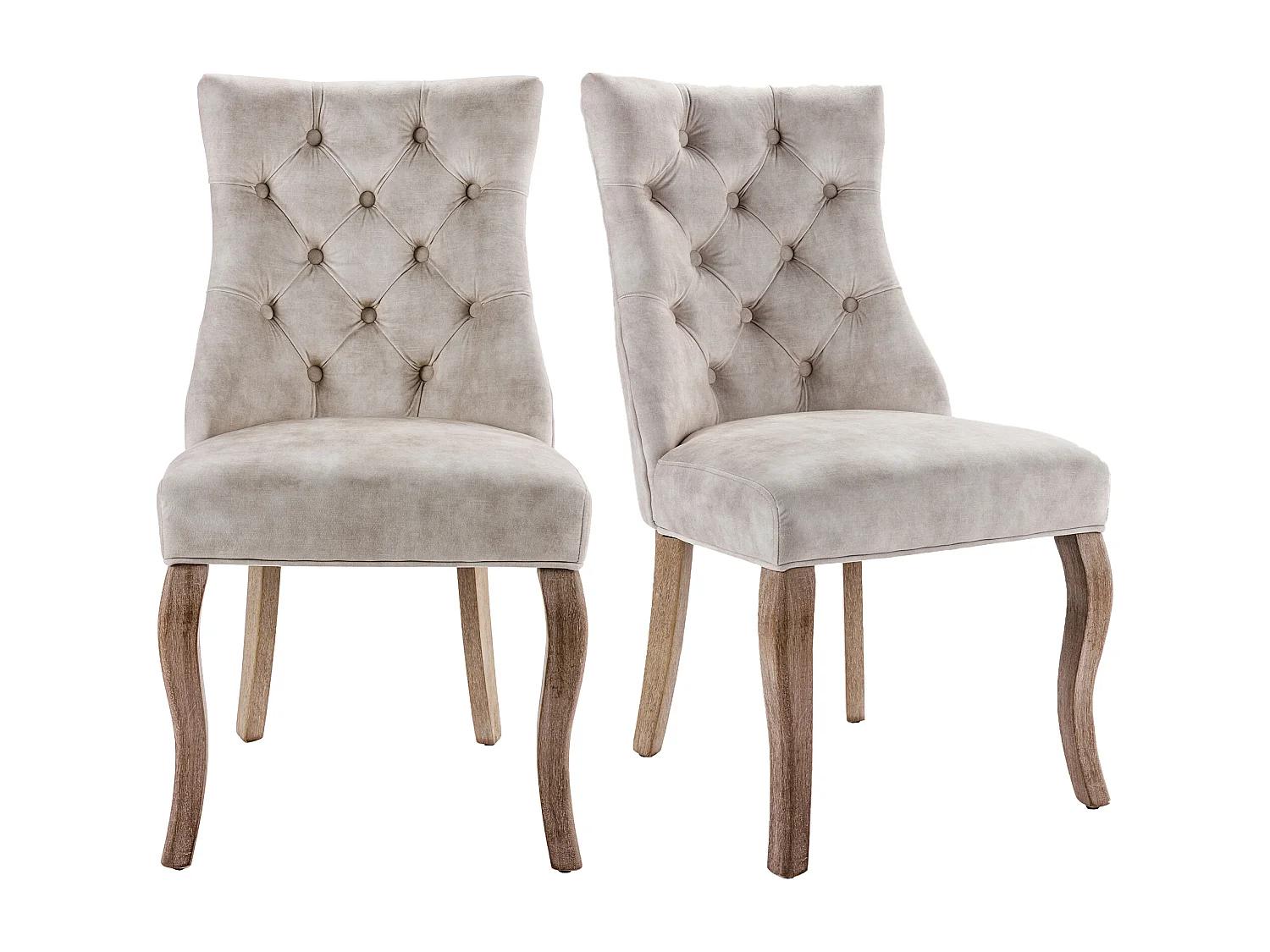 Lot de 2 chaises de salle à manger - Velours et bois massif - Dossier à motif losange - Beige clair