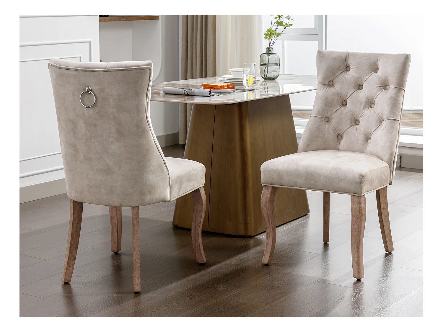 Lot de 2 chaises de salle à manger - Velours et bois massif - Dossier à motif losange - Beige clair