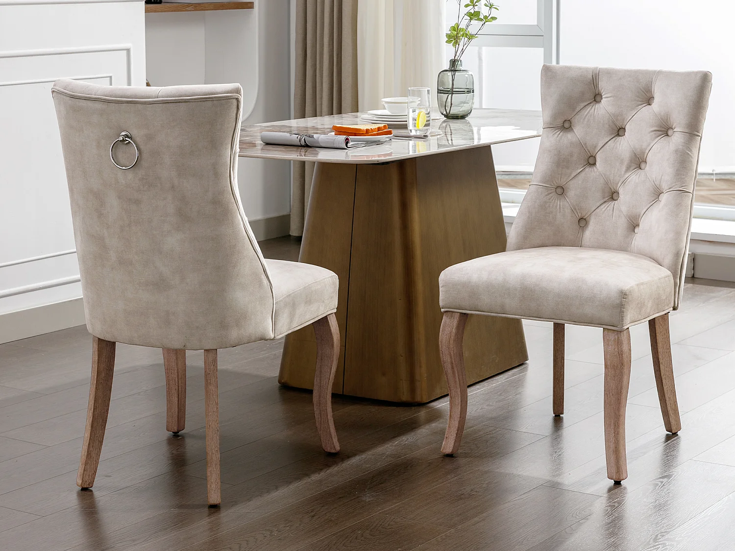 Set van 2 eetkamerstoelen - Fluweel en massief hout - Achterkant ruitpatroon - Lichtbeige