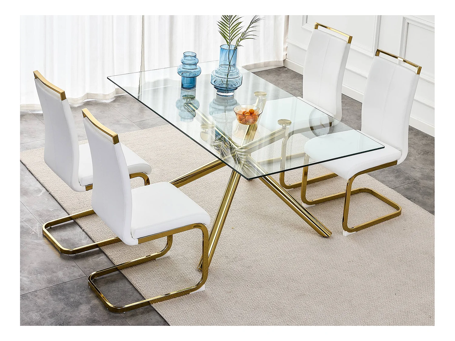 Lot de 4 chaises de salle à manger - Métal doré et cuir PU - Blanc et or - BLITZ