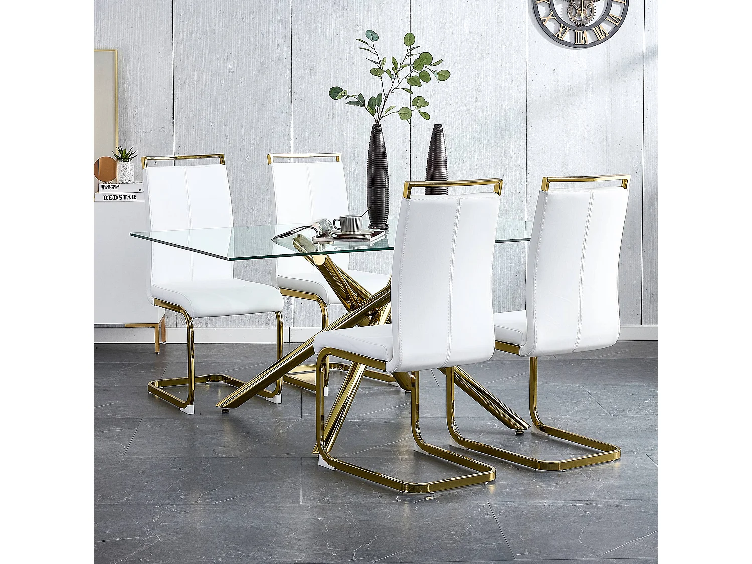 Lot de 4 chaises de salle à manger - Métal doré et cuir PU - Blanc et or - BLITZ