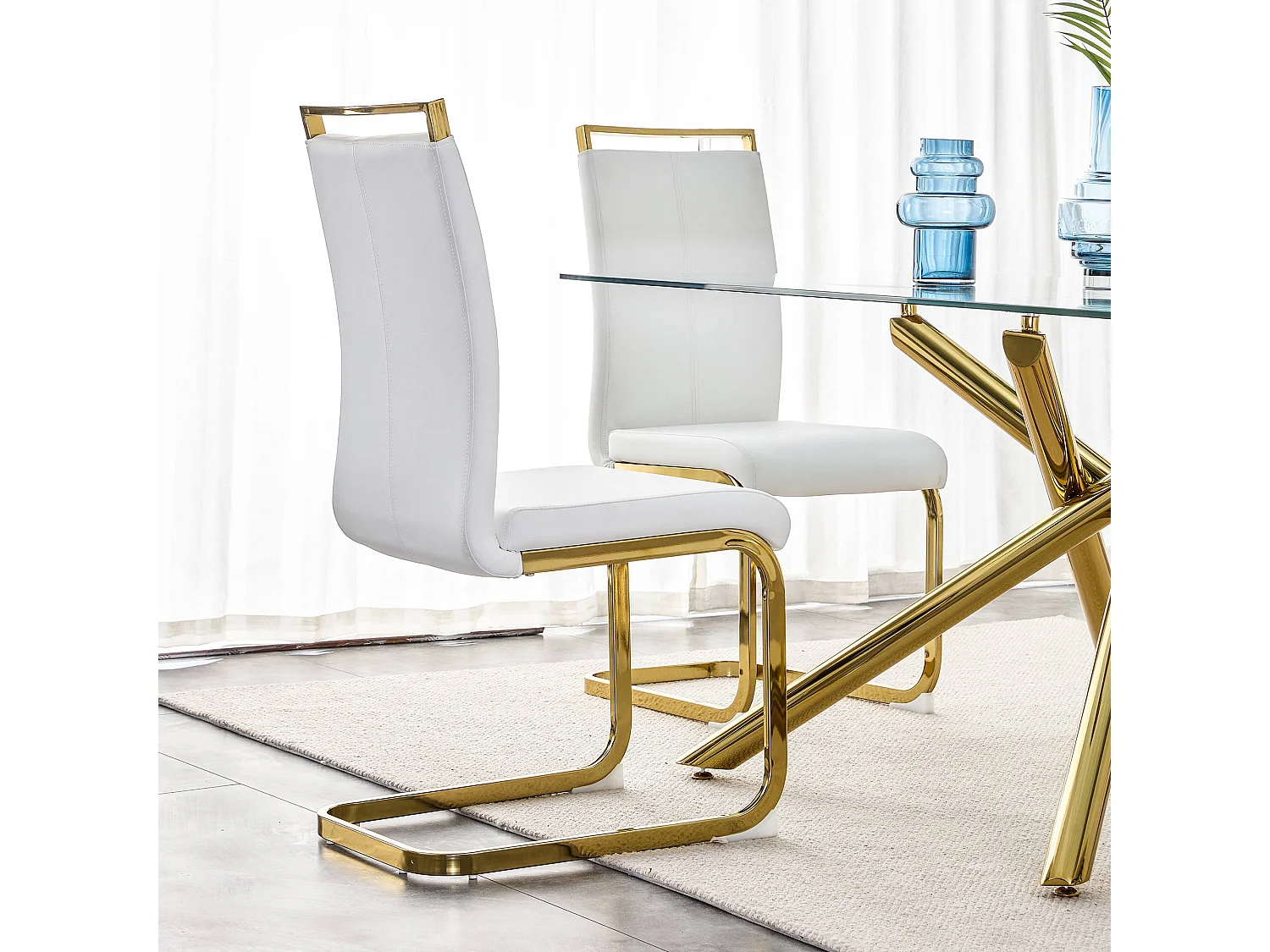 Lot de 4 chaises de salle à manger - Métal doré et cuir PU - Blanc et or - BLITZ