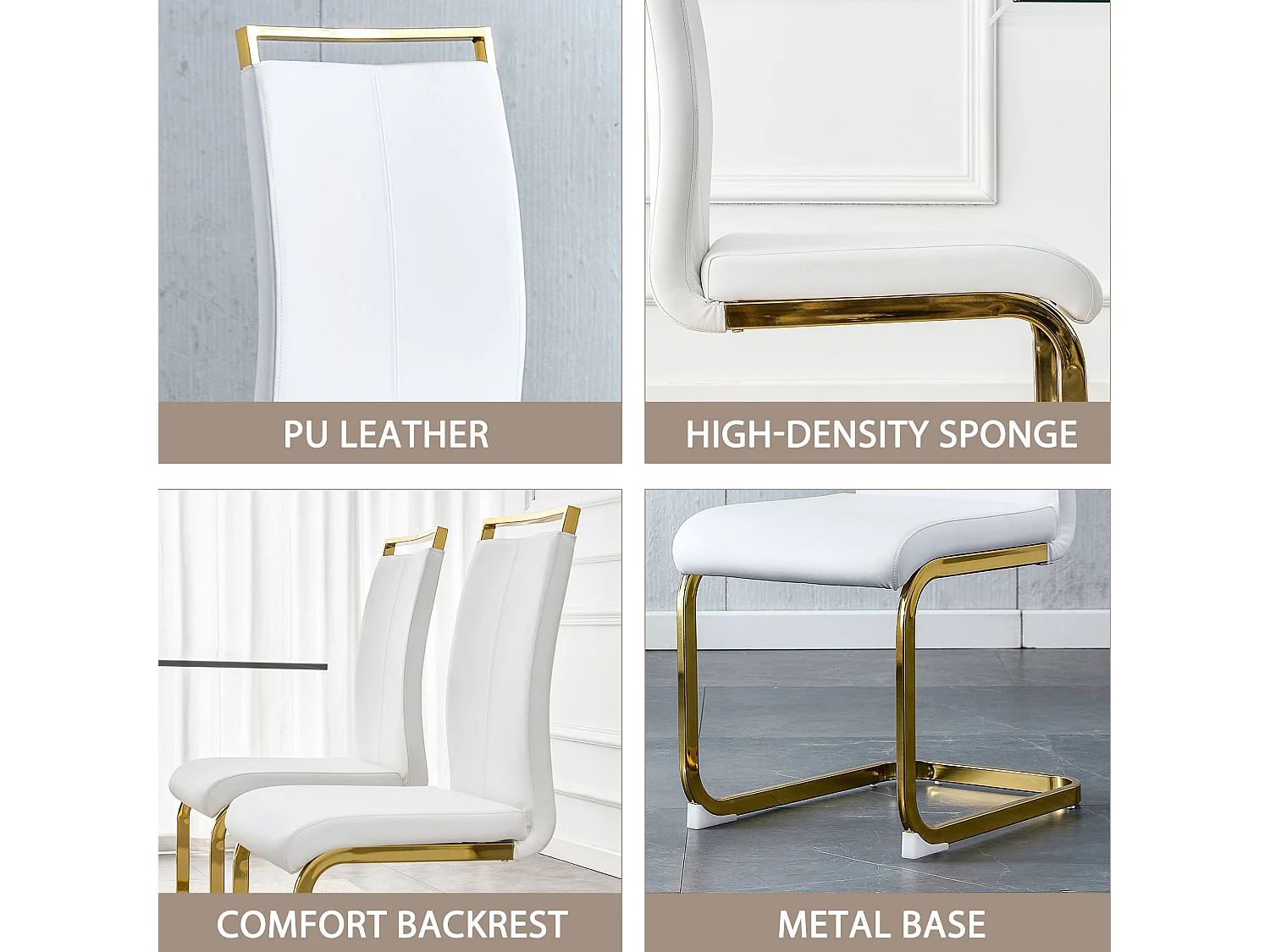 Lot de 4 chaises de salle à manger - Métal doré et cuir PU - Blanc et or - BLITZ