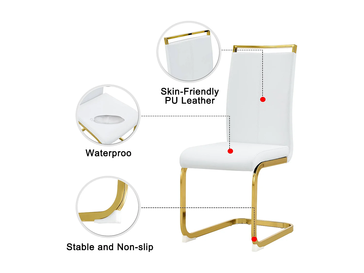 Lot de 4 chaises de salle à manger - Métal doré et cuir PU - Blanc et or - BLITZ