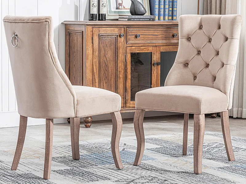 Lot de 2 chaises de salle à manger - Velours et bois massif - Dossier à motif losange - Beige