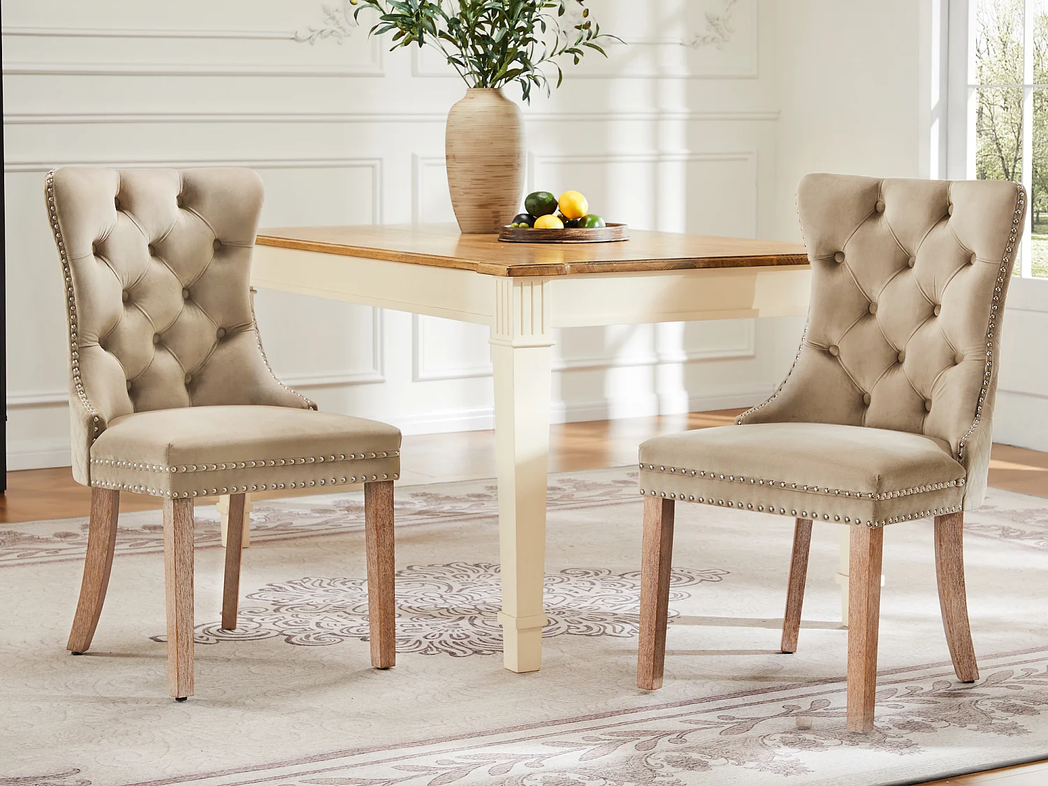 Set van 2 fluwelen eetkamerstoelen - massief houten poten - lichtbruin