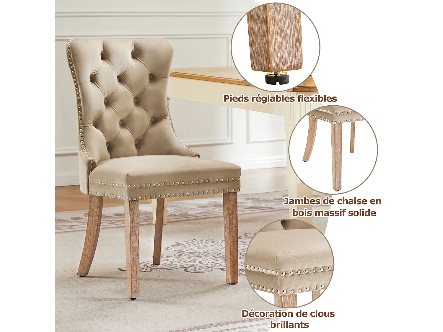 Set van 2 fluwelen eetkamerstoelen - massief houten poten - lichtbruin