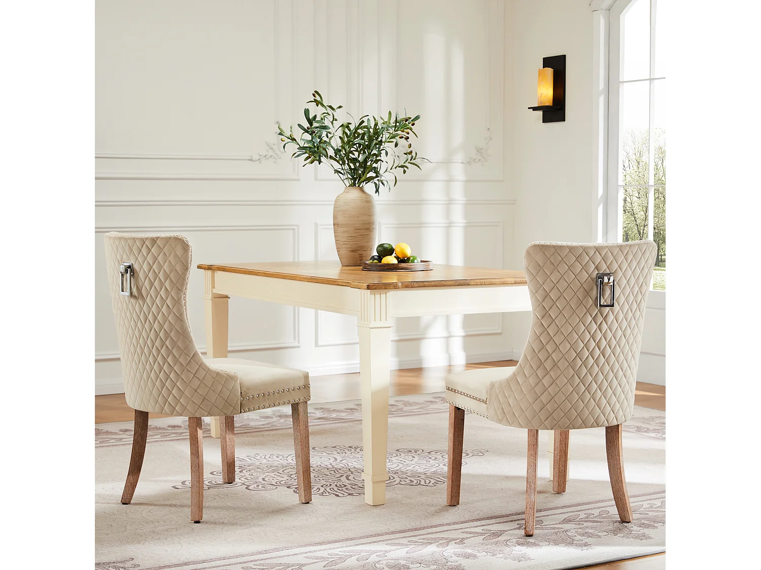 Set van 2 fluwelen eetkamerstoelen - massief houten poten - lichtbruin