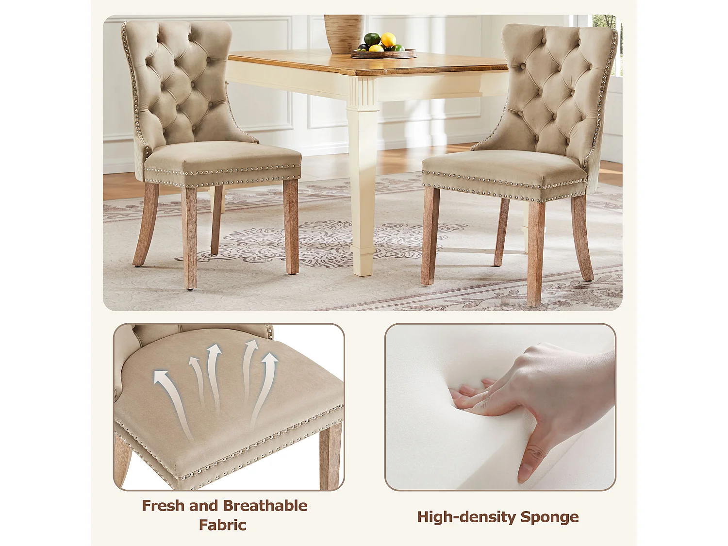 Set van 2 fluwelen eetkamerstoelen - massief houten poten - lichtbruin