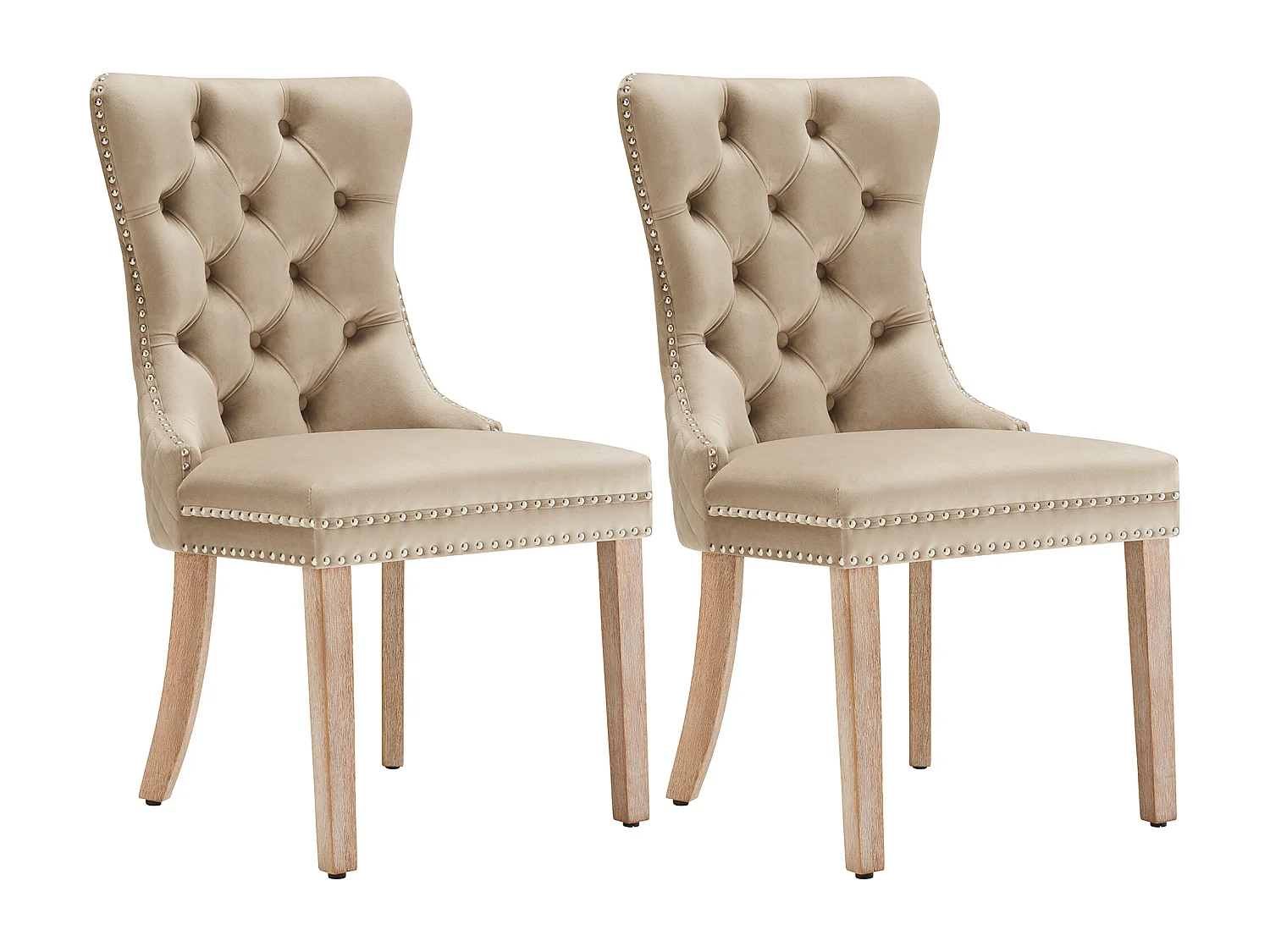 Set van 2 fluwelen eetkamerstoelen - massief houten poten - lichtbruin