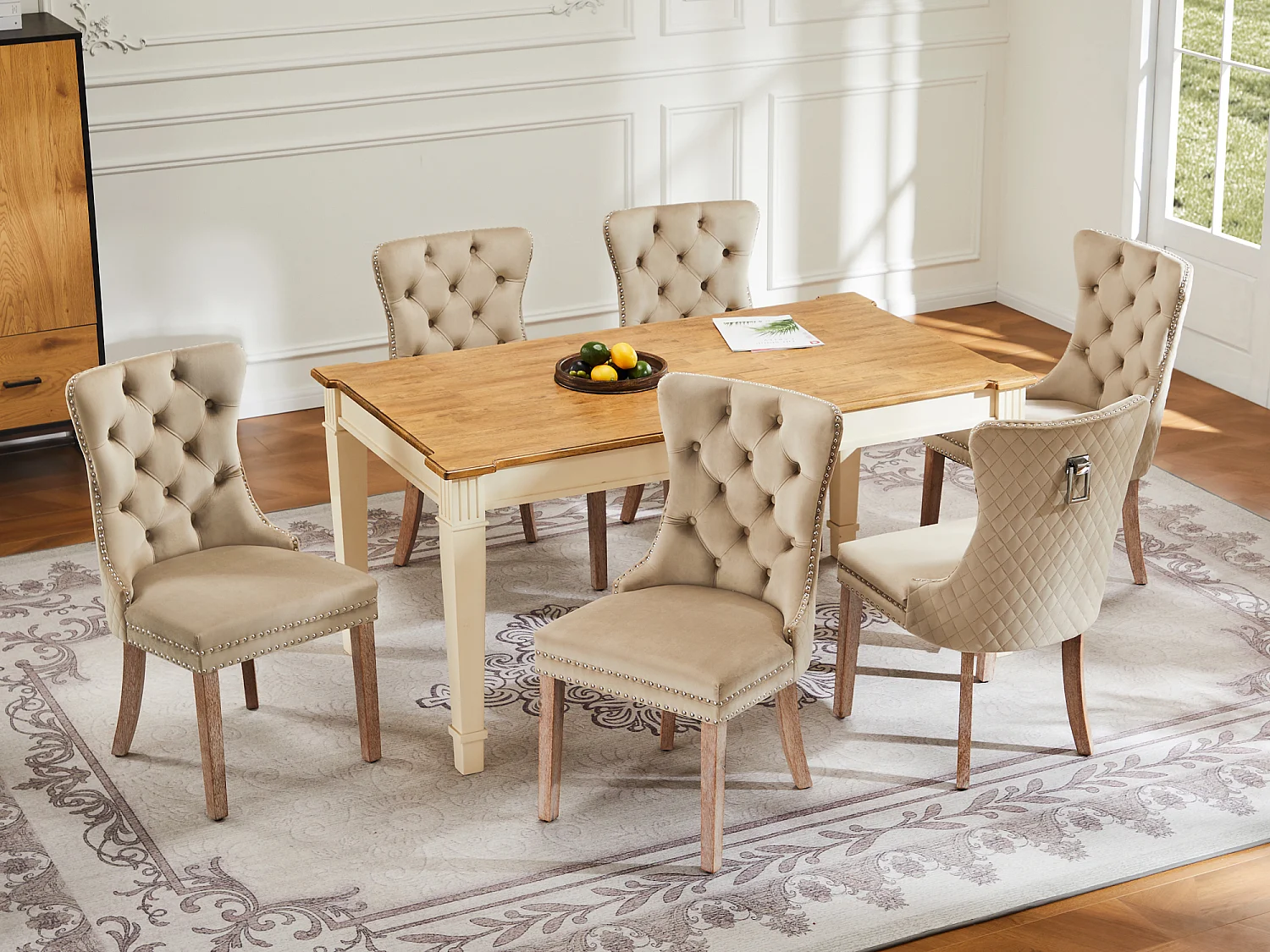 Lot de 6 Chaises de salle à manger en velours - pièds en bois massif - marron clair