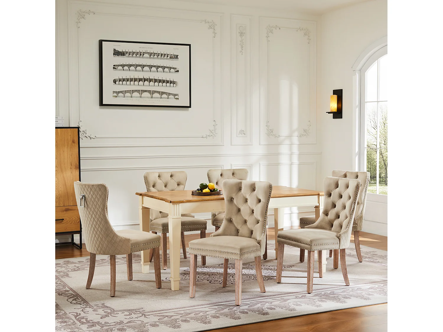 Lot de 6 Chaises de salle à manger en velours - pièds en bois massif - marron clair