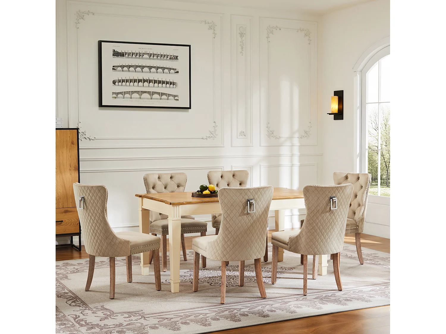 Lot de 6 Chaises de salle à manger en velours - pièds en bois massif - marron clair