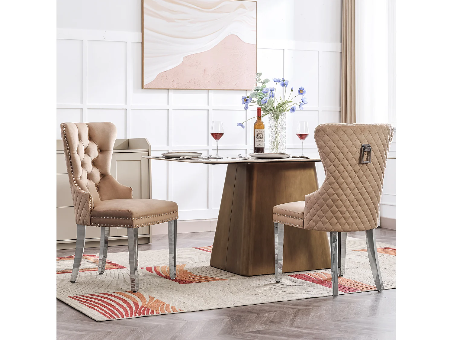 Lot de 2 Chaises de salle à manger en velours - pièds en bois massif - dossier à motif losange - marron