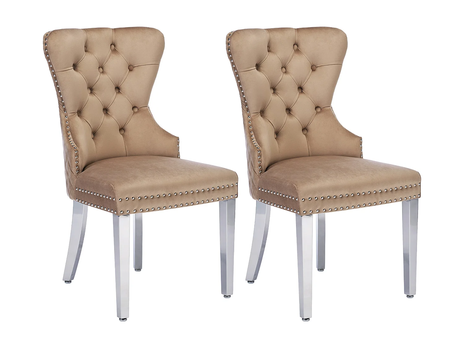 Lot de 2 Chaises de salle à manger en velours - pièds en bois massif - dossier à motif losange - marron