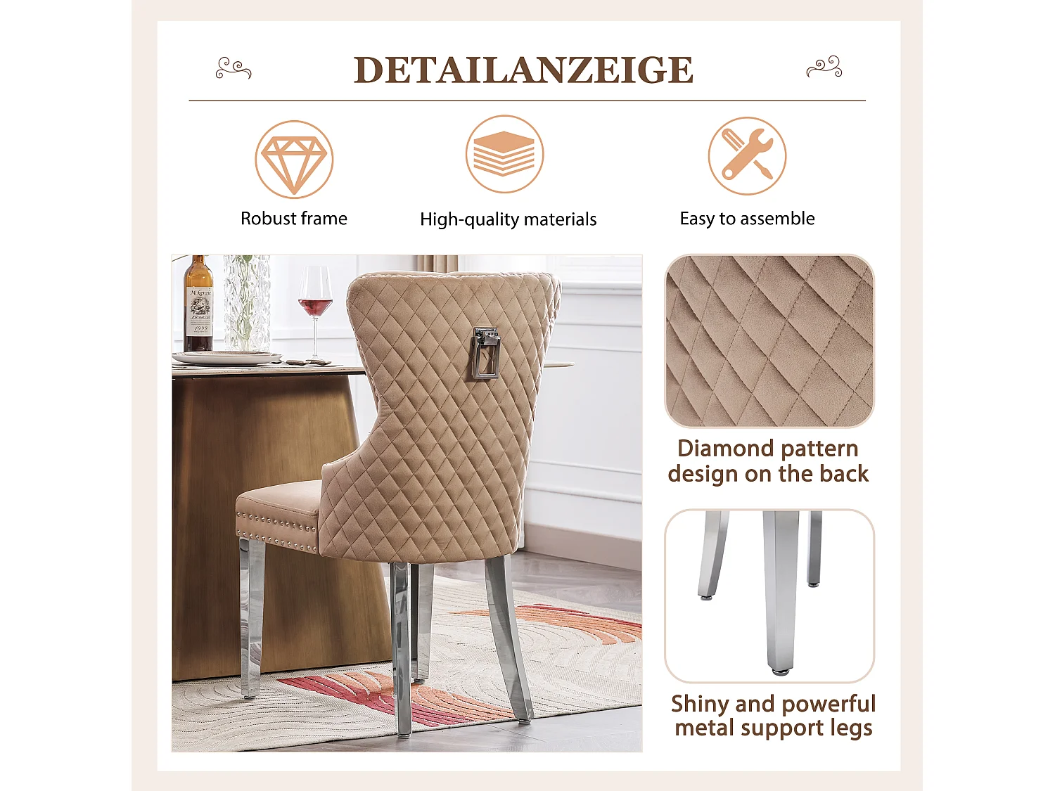 Lot de 2 Chaises de salle à manger en velours - pièds en bois massif - dossier à motif losange - marron