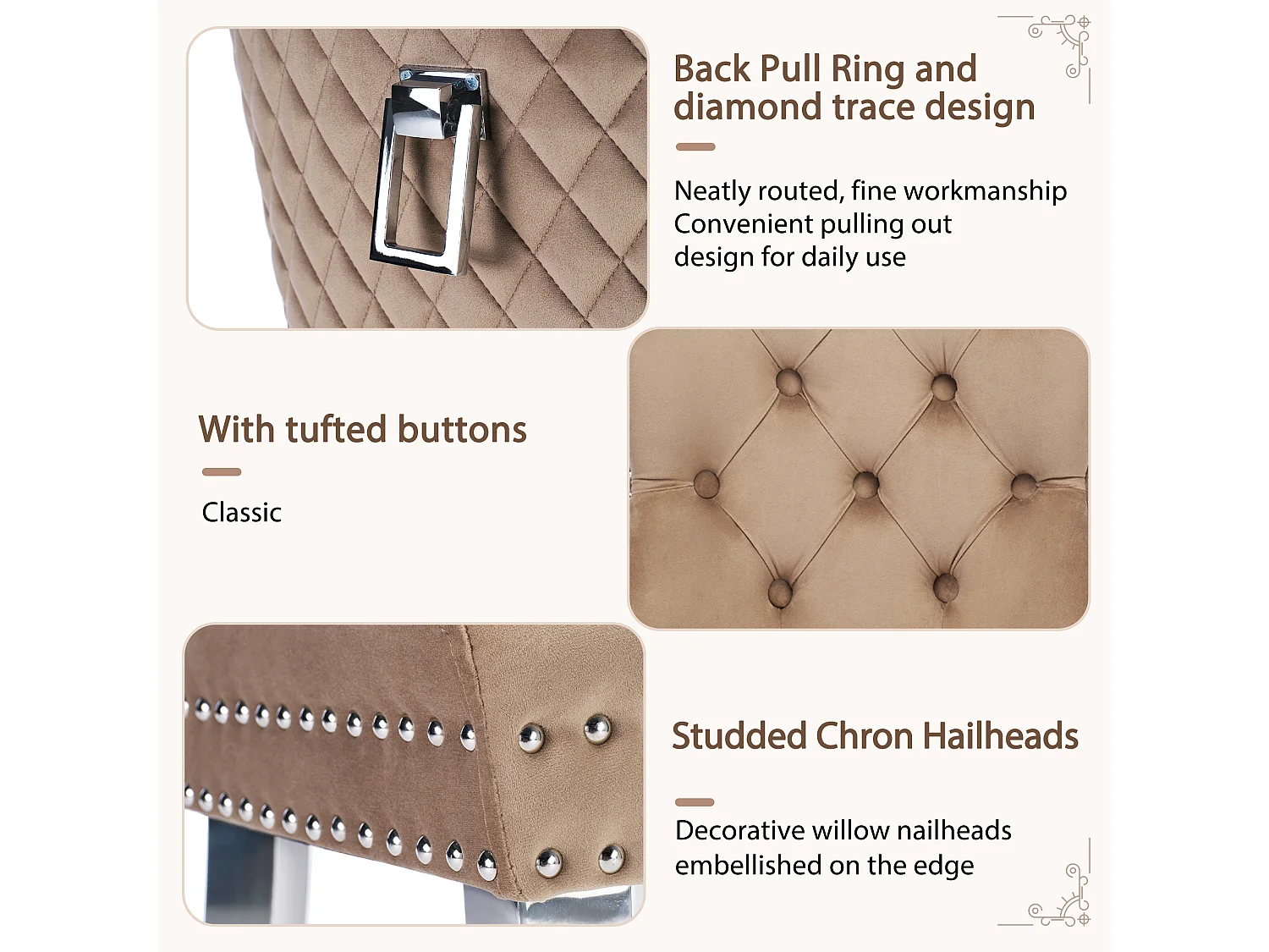 Lot de 2 Chaises de salle à manger en velours - pièds en bois massif - dossier à motif losange - marron