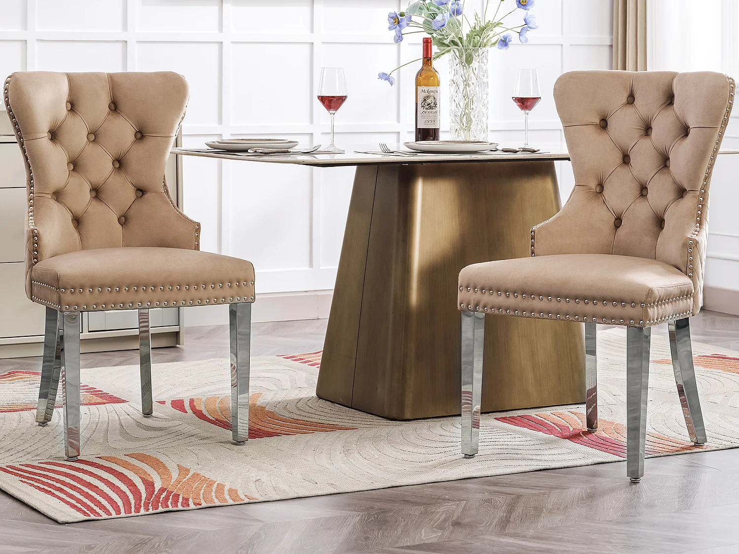 Lot de 2 Chaises de salle à manger en velours - pièds en bois massif - dossier à motif losange - marron