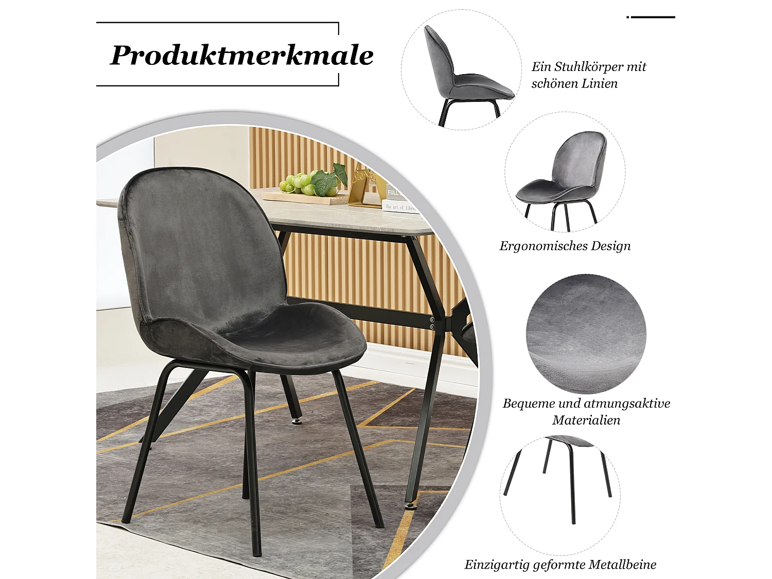 Set van 4 stoelen bekleed met fluweel - Ronde rugleuning - Metalen poten - Grijs