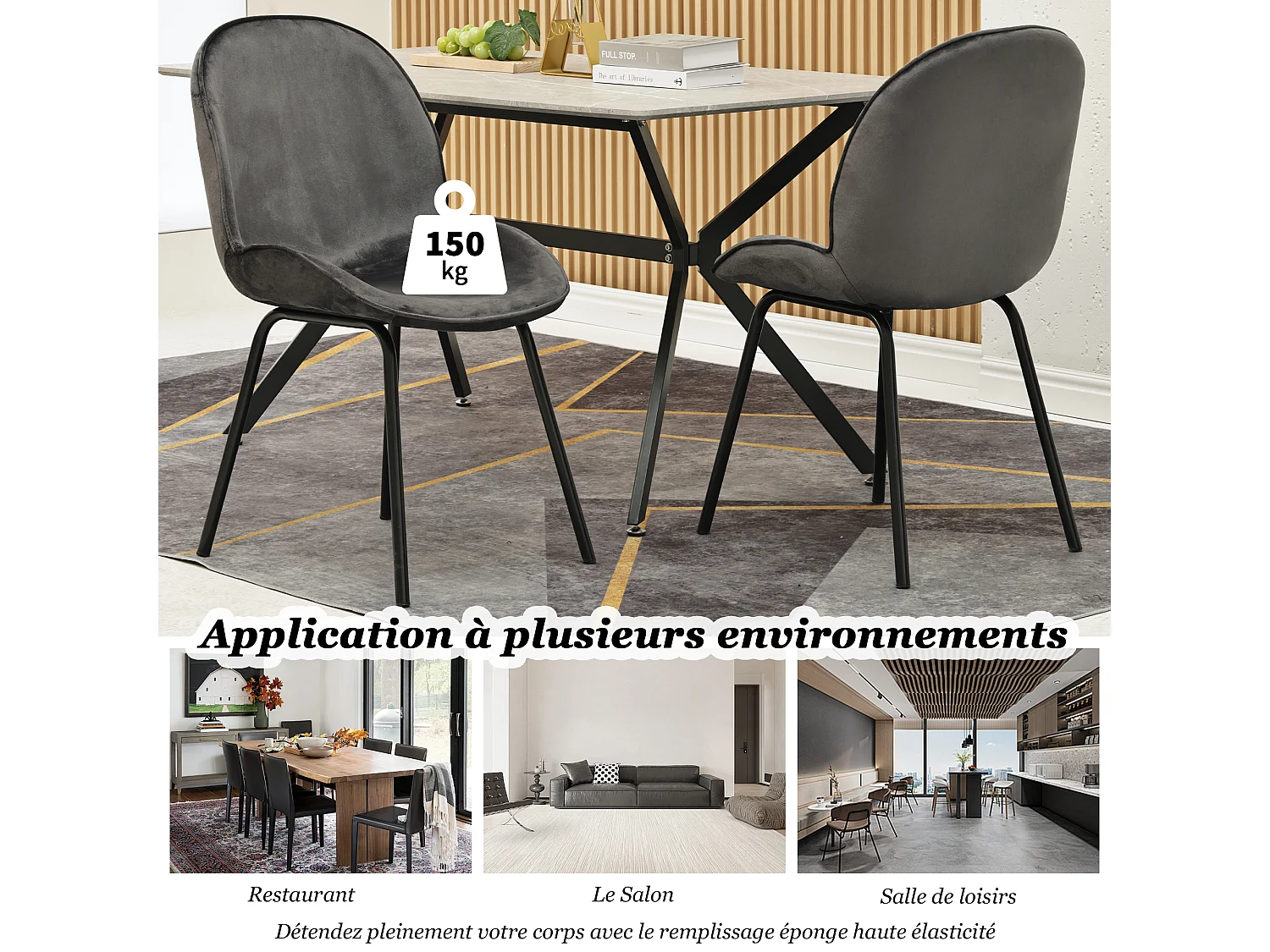 Lot de 4 chaises rembourré en velours - Dossier rond - Pièds en métal - Gris