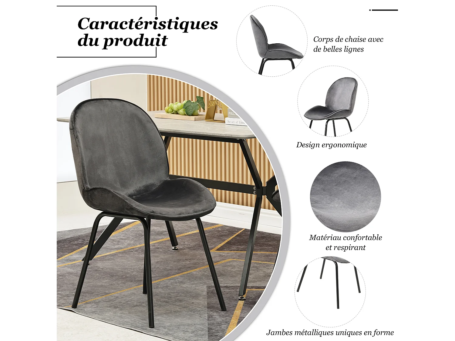 Lot de 4 chaises rembourré en velours - Dossier rond - Pièds en métal - Gris
