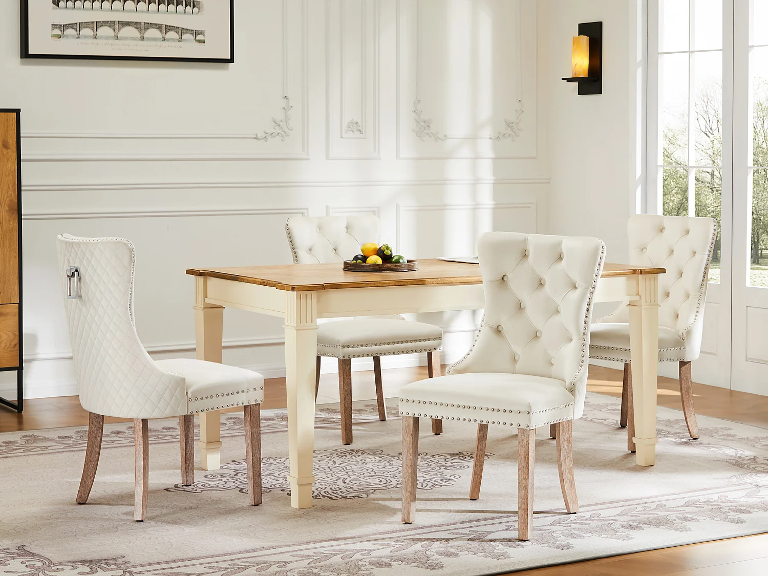 Lot de 4 Chaises de salle à manger en velours - pièds en bois massif - dossier à motif losange - beige