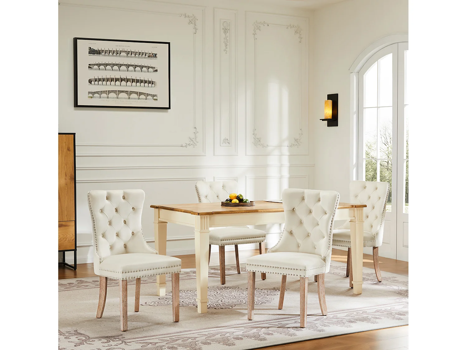 Lot de 4 Chaises de salle à manger en velours - pièds en bois massif - dossier à motif losange - beige