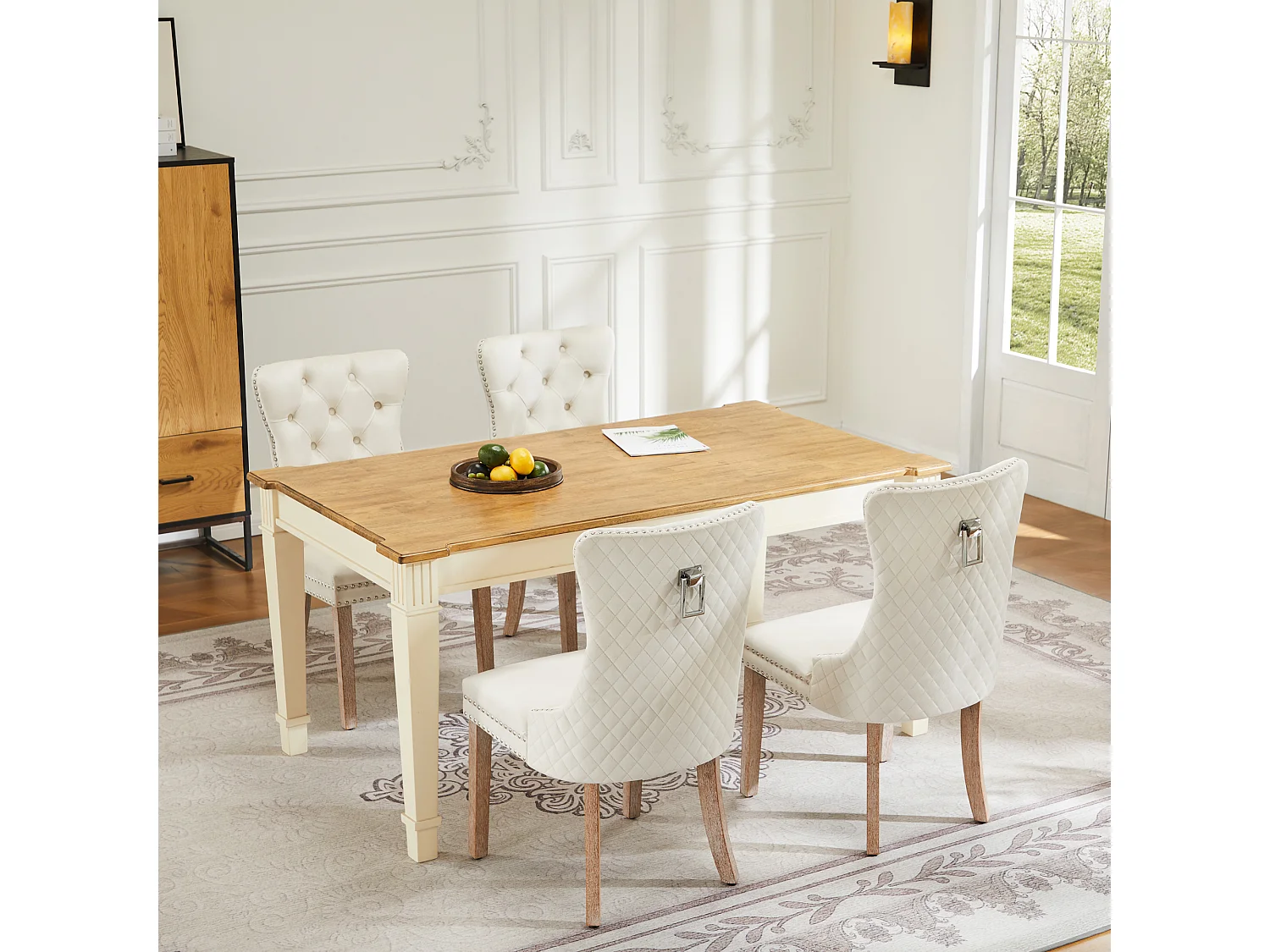 Lot de 4 Chaises de salle à manger en velours - pièds en bois massif - dossier à motif losange - beige