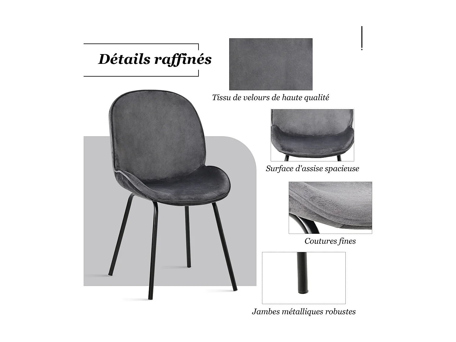 Set van 2 stoelen bekleed met fluweel - Ronde rugleuning - Metalen poten - Grijs