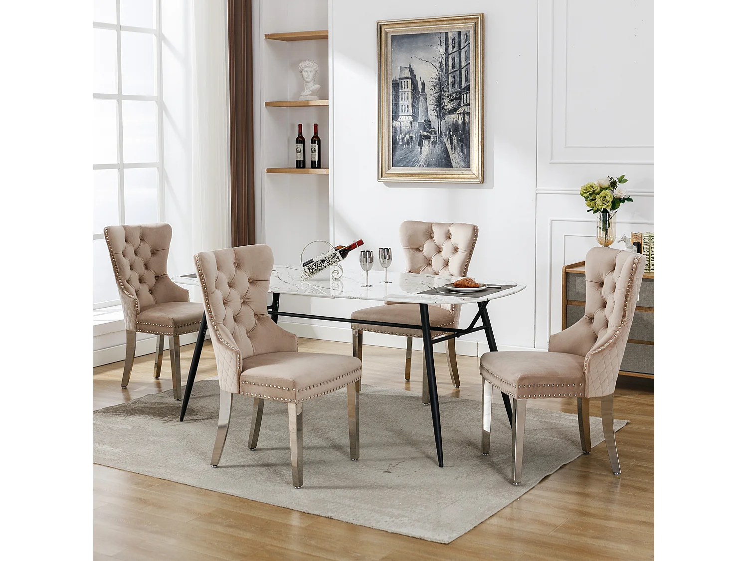 Lot de 4 chaises de salle à manger - Velours et métal - Dossier à motif losange - Beige