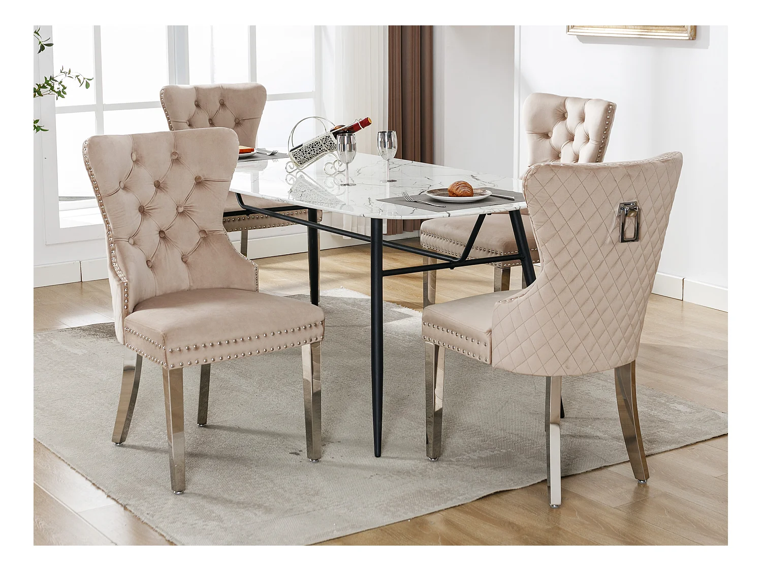 Lot de 4 chaises de salle à manger - Velours et métal - Dossier à motif losange - Beige