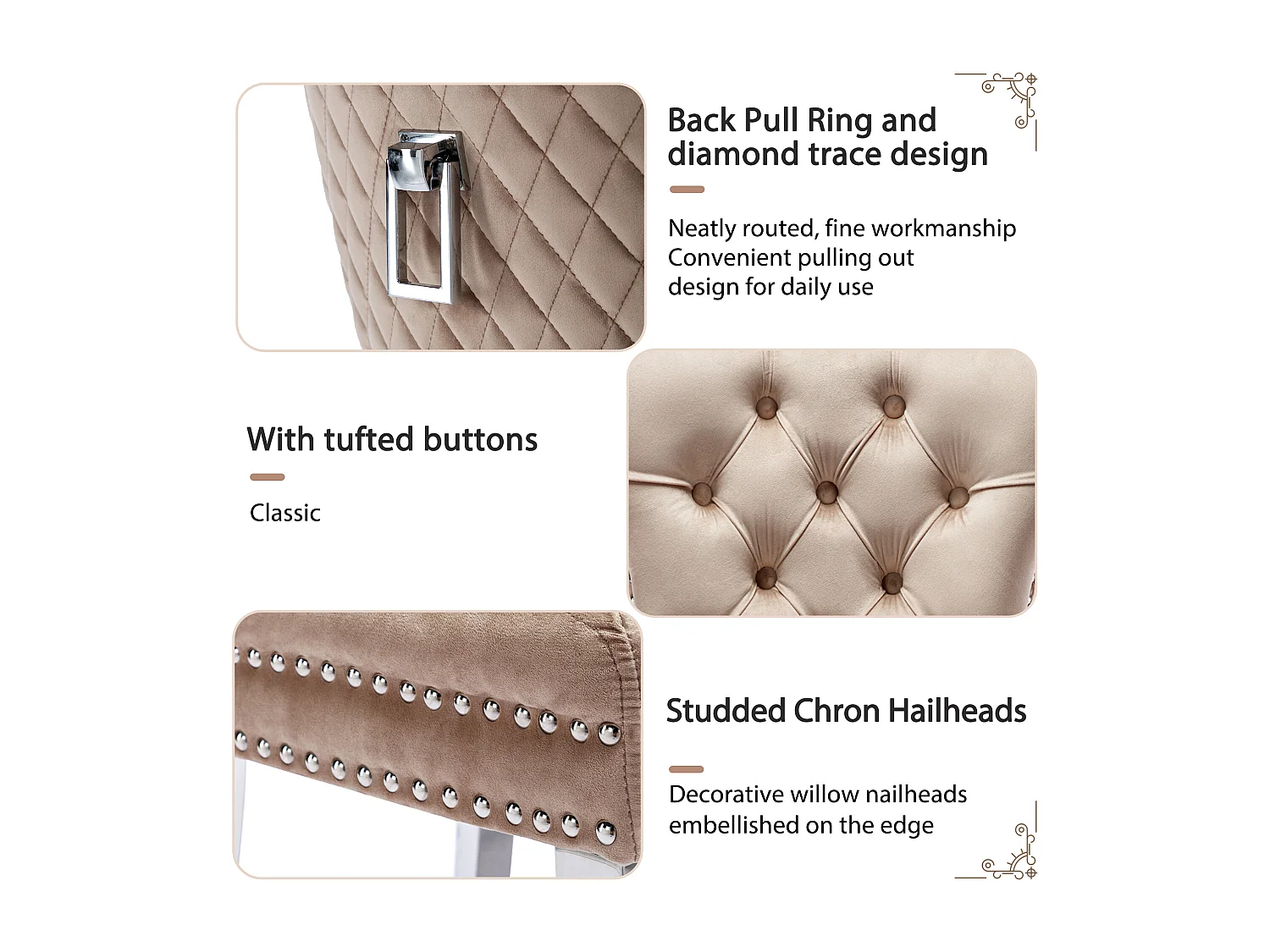 Set di 4 sedie per sala da pranzo - Velluto e metallo - Schienale con motivo a rombi - Beige