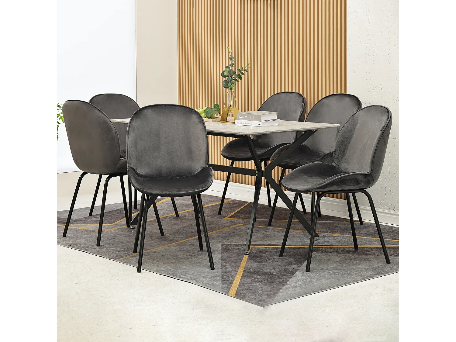 Set van 6 stoelen bekleed met fluweel - Ronde rugleuning - Metalen poten - Grijs