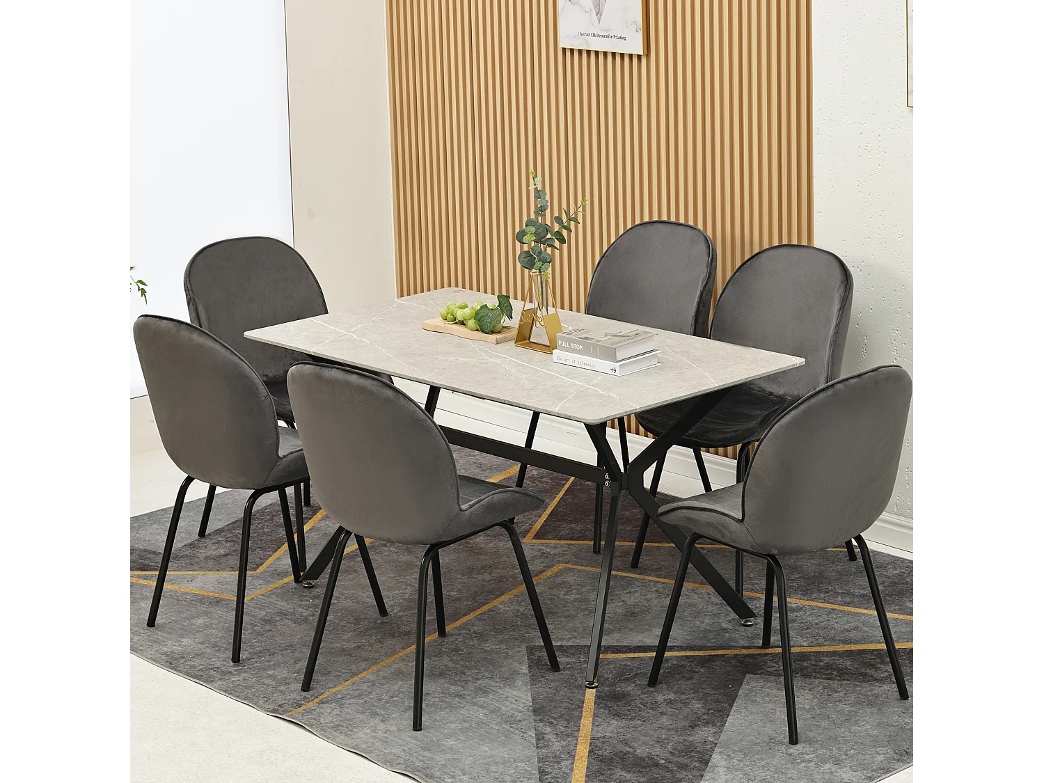 Set van 6 stoelen bekleed met fluweel - Ronde rugleuning - Metalen poten - Grijs