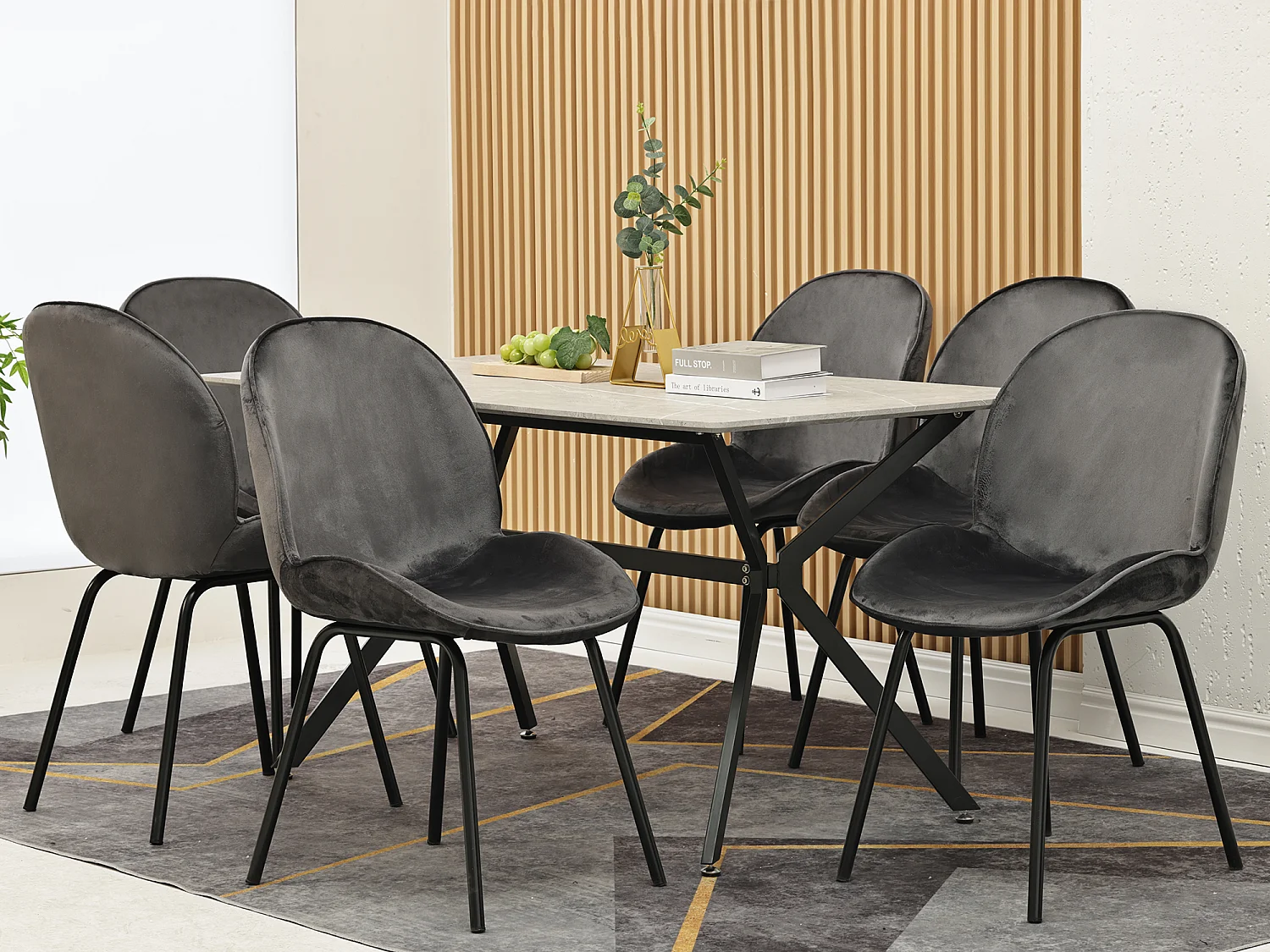 Set van 6 stoelen bekleed met fluweel - Ronde rugleuning - Metalen poten - Grijs