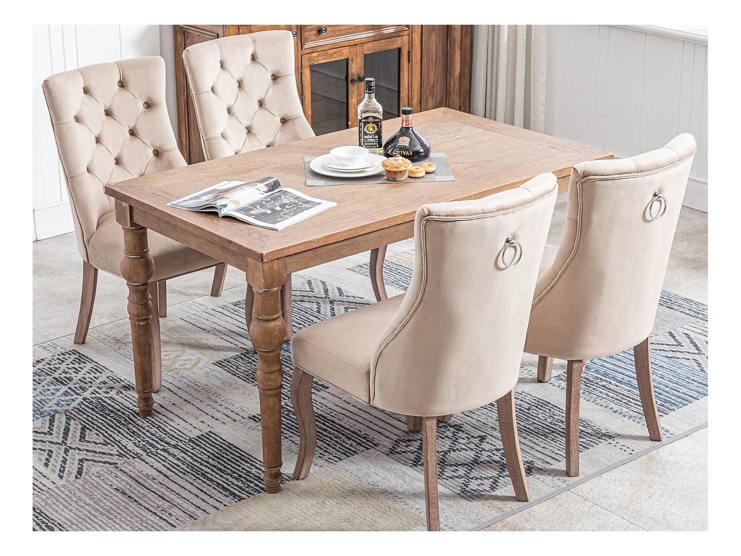 Lot de 4 chaises de salle à manger - Velours et bois massif - Dossier à motif losange - Beige