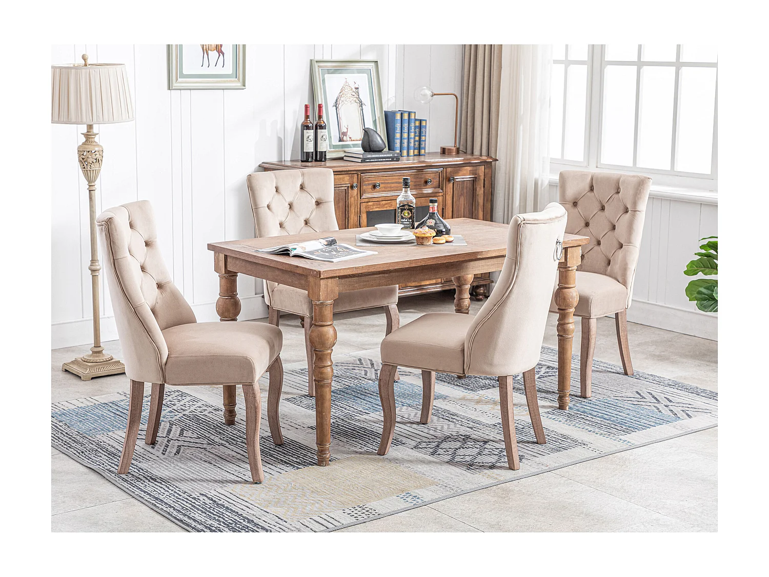 Lot de 4 chaises de salle à manger - Velours et bois massif - Dossier à motif losange - Beige