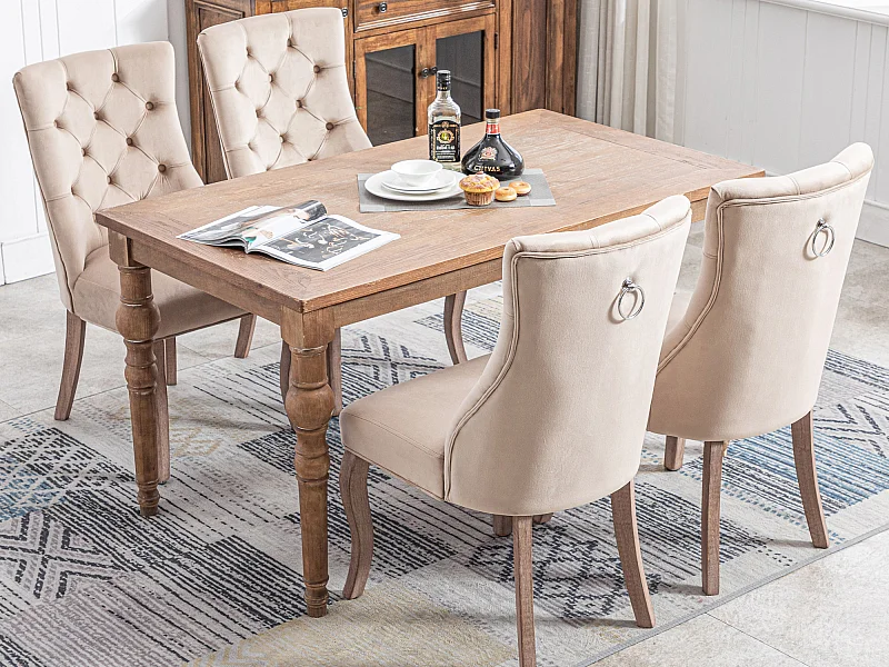 Set van 4 eetkamerstoelen - Fluweel en massief hout - Achterkant ruitpatroon - Beige