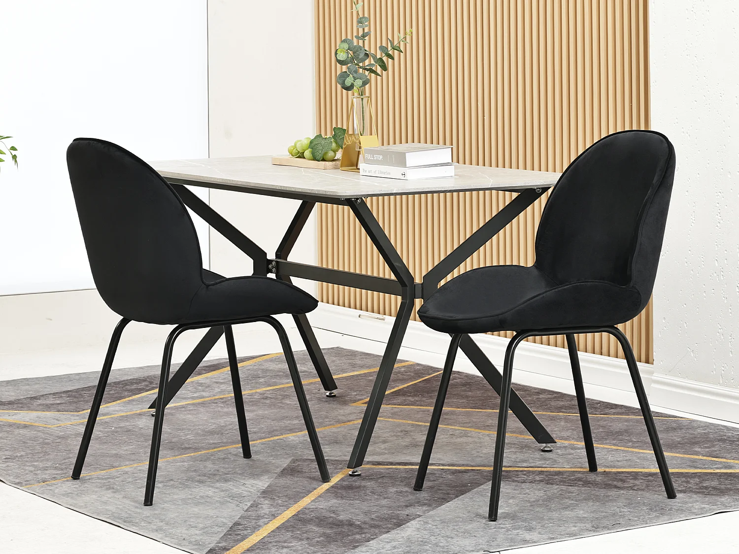 Lot de 2 chaises rembourré en velours - Dossier rond - Pièds en métal - Noir