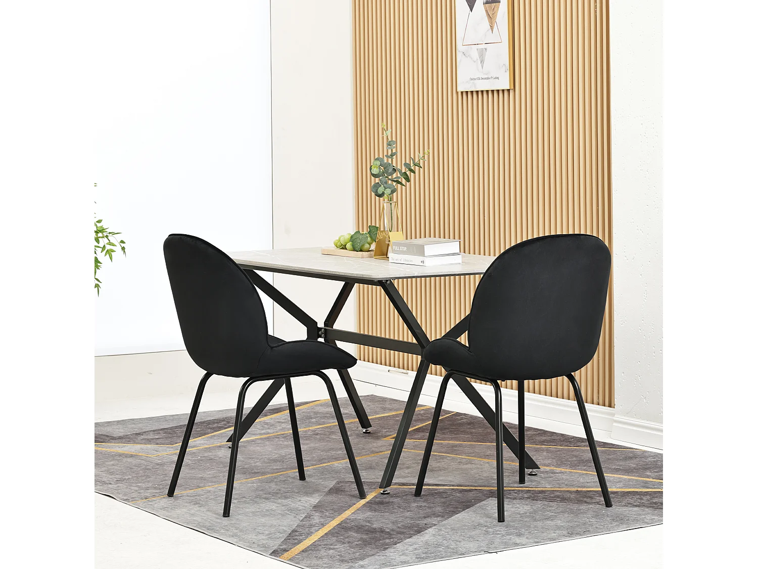 Lot de 2 chaises rembourré en velours - Dossier rond - Pièds en métal - Noir