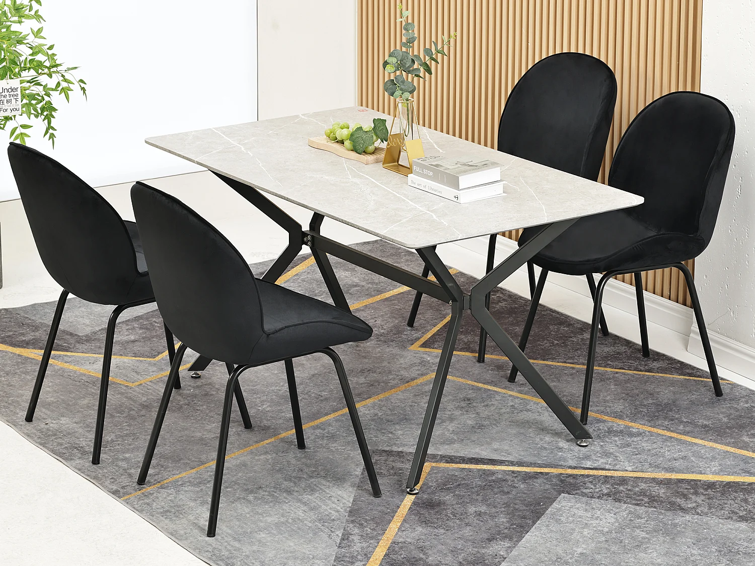 Set van 4 stoelen bekleed met fluweel - Ronde rugleuning - Metalen poten - Zwart