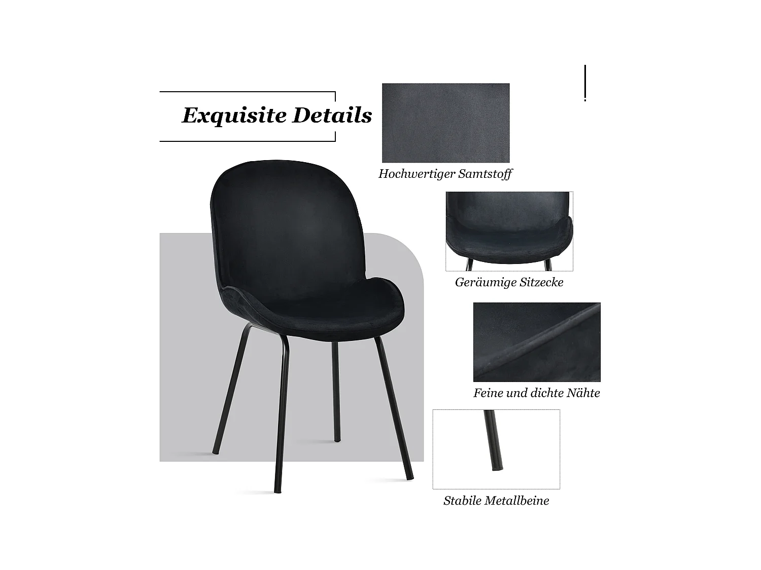 Set van 4 stoelen bekleed met fluweel - Ronde rugleuning - Metalen poten - Zwart