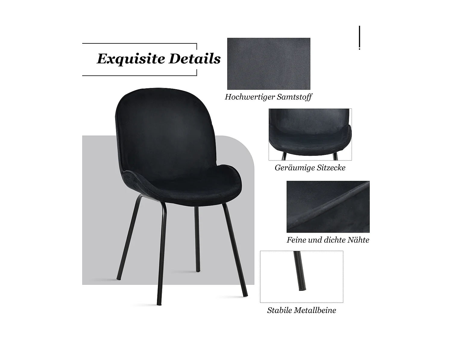 Set van 4 stoelen bekleed met fluweel - Ronde rugleuning - Metalen poten - Zwart