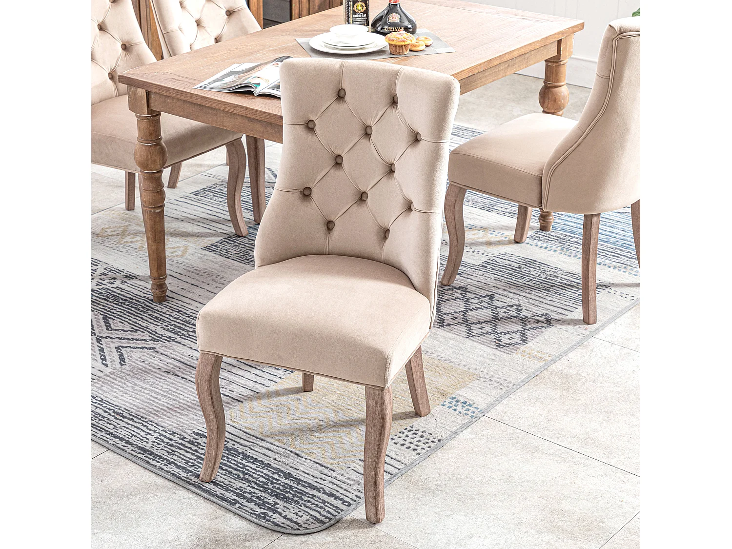 Lot de 6 chaises de salle à manger - Velours et bois massif - Dossier à motif losange - Beige