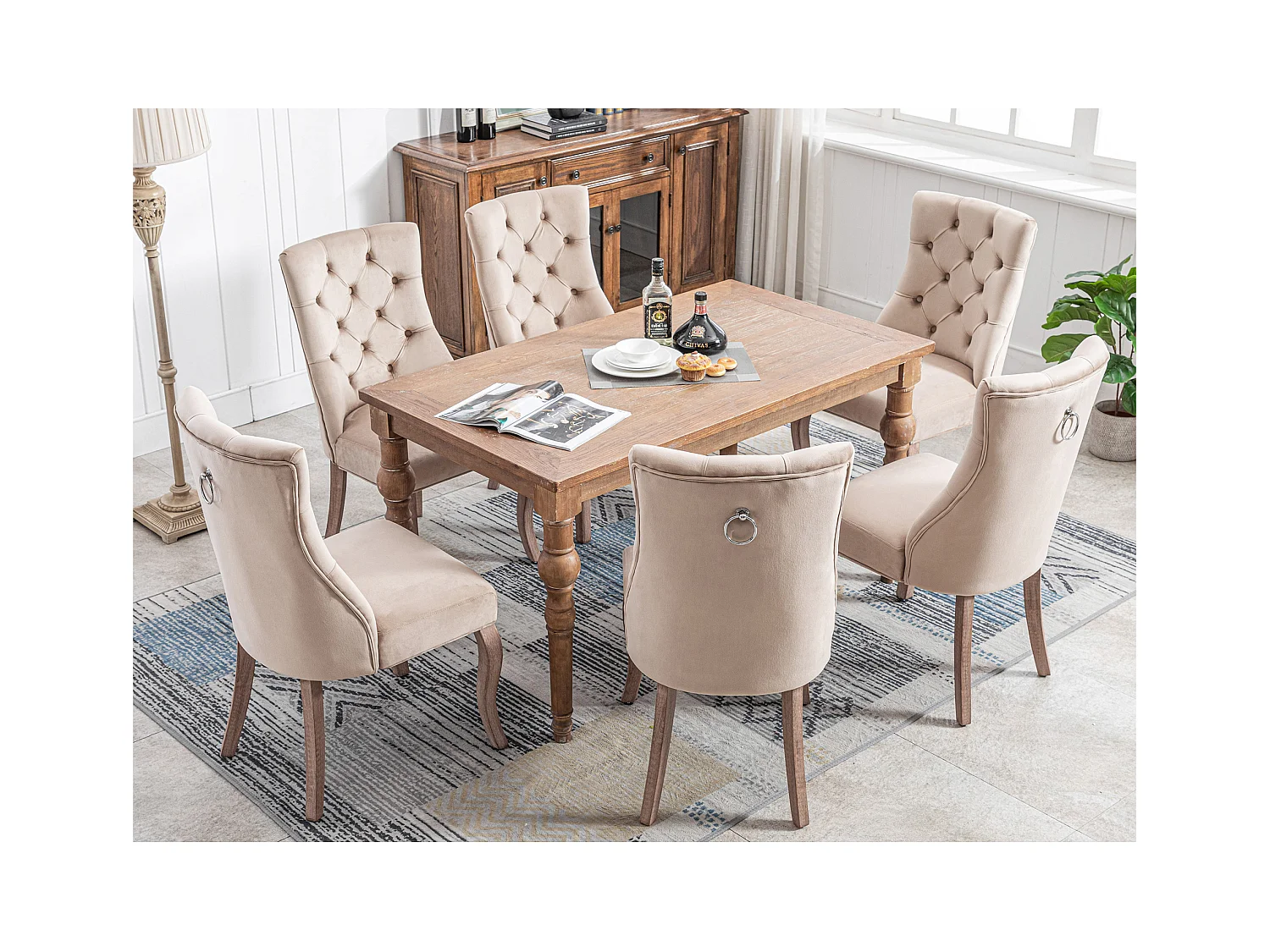 Lot de 6 chaises de salle à manger - Velours et bois massif - Dossier à motif losange - Beige