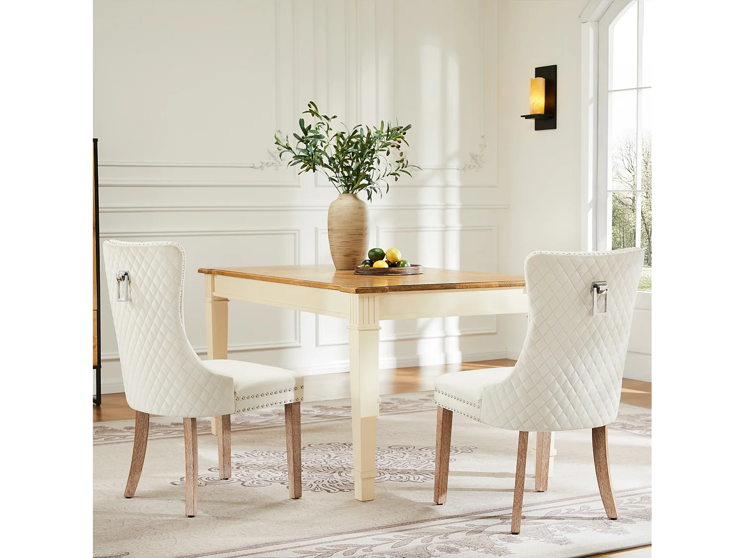 Juego de 2 sillas de comedor de terciopelo - patas de madera maciza - respaldo con diseño de rombos - beige