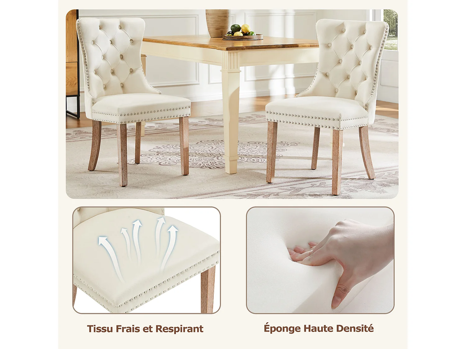 Juego de 2 sillas de comedor de terciopelo - patas de madera maciza - respaldo con diseño de rombos - beige