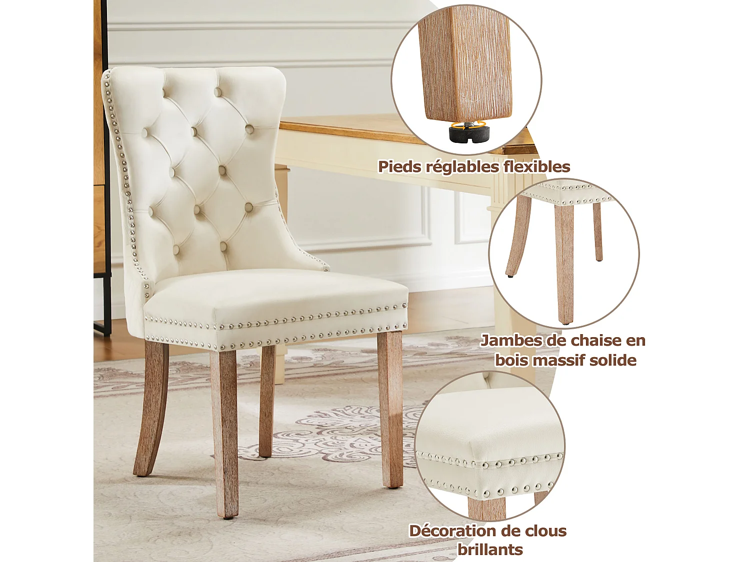 Juego de 2 sillas de comedor de terciopelo - patas de madera maciza - respaldo con diseño de rombos - beige