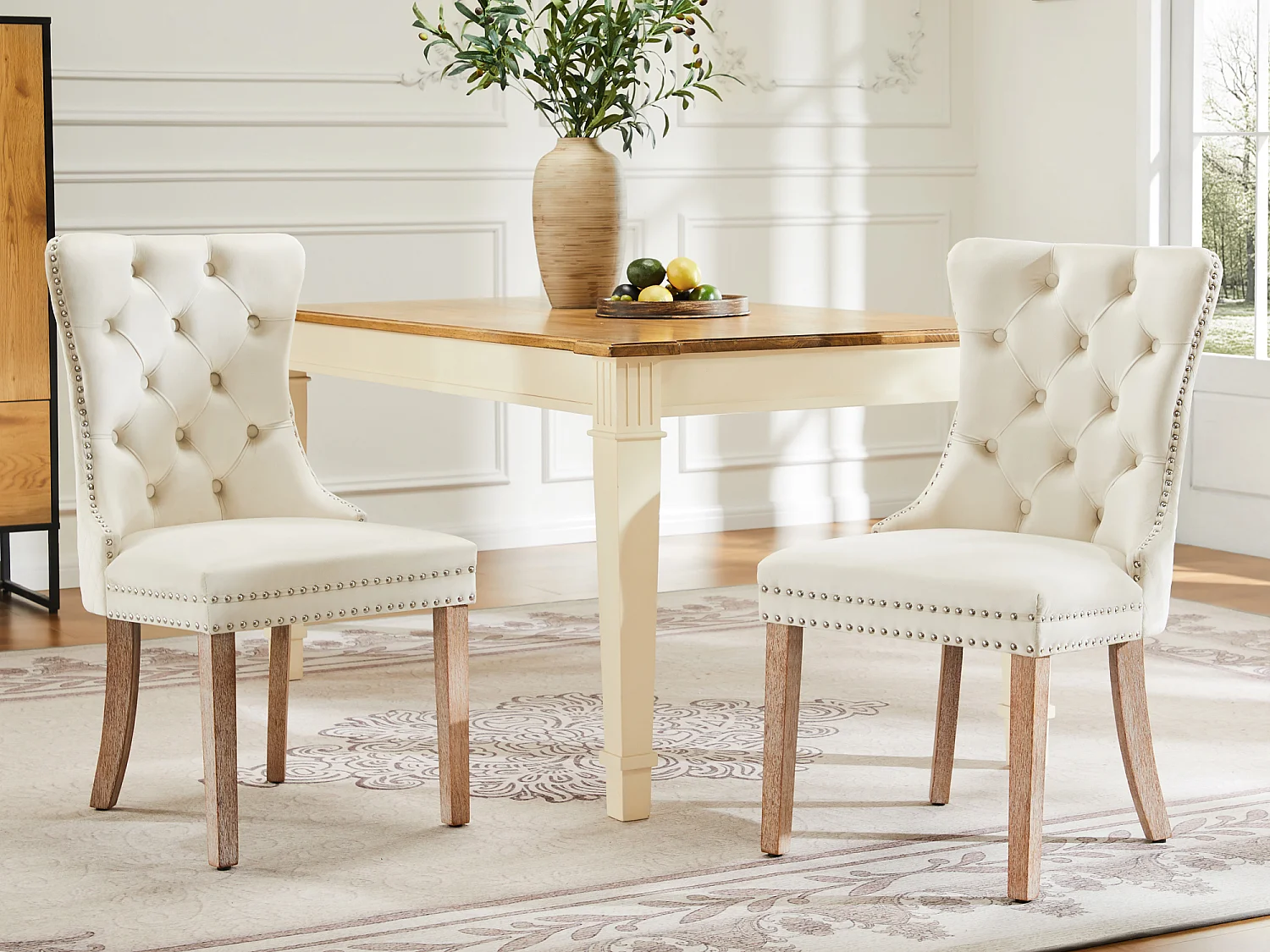 Juego de 2 sillas de comedor de terciopelo - patas de madera maciza - respaldo con diseño de rombos - beige