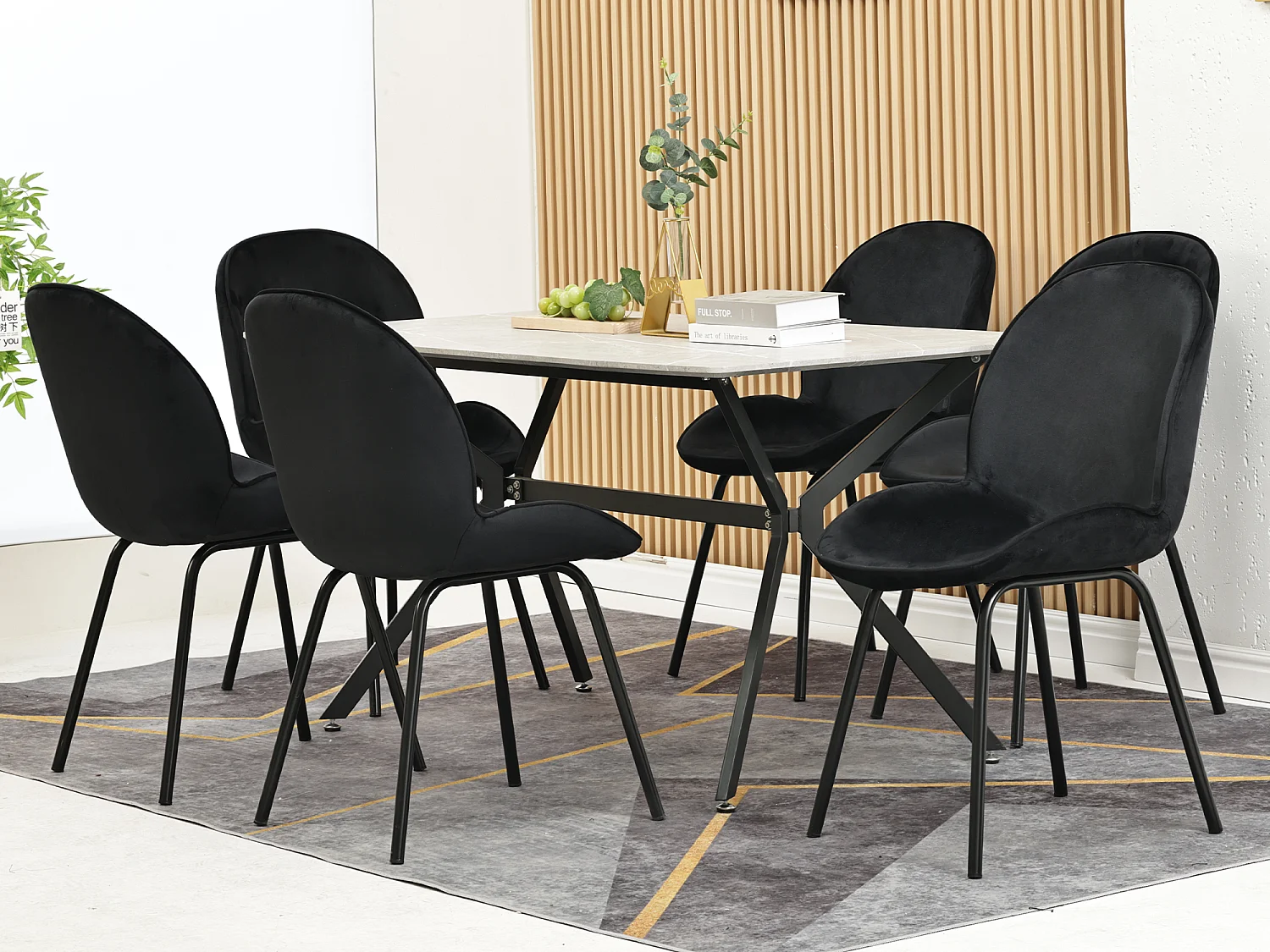 Set van 6 stoelen bekleed met fluweel - Ronde rugleuning - Metalen poten - Zwart